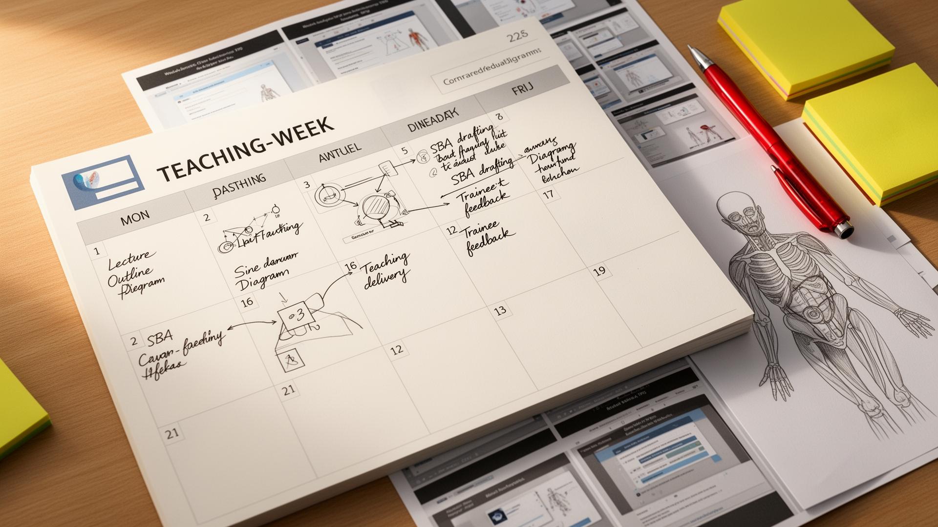Teaching-week planner with handwritten entries for lecture outline, diagrams, SBA drafting, teaching delivery, and trainee feedback — a workflow for AI for medical educators.