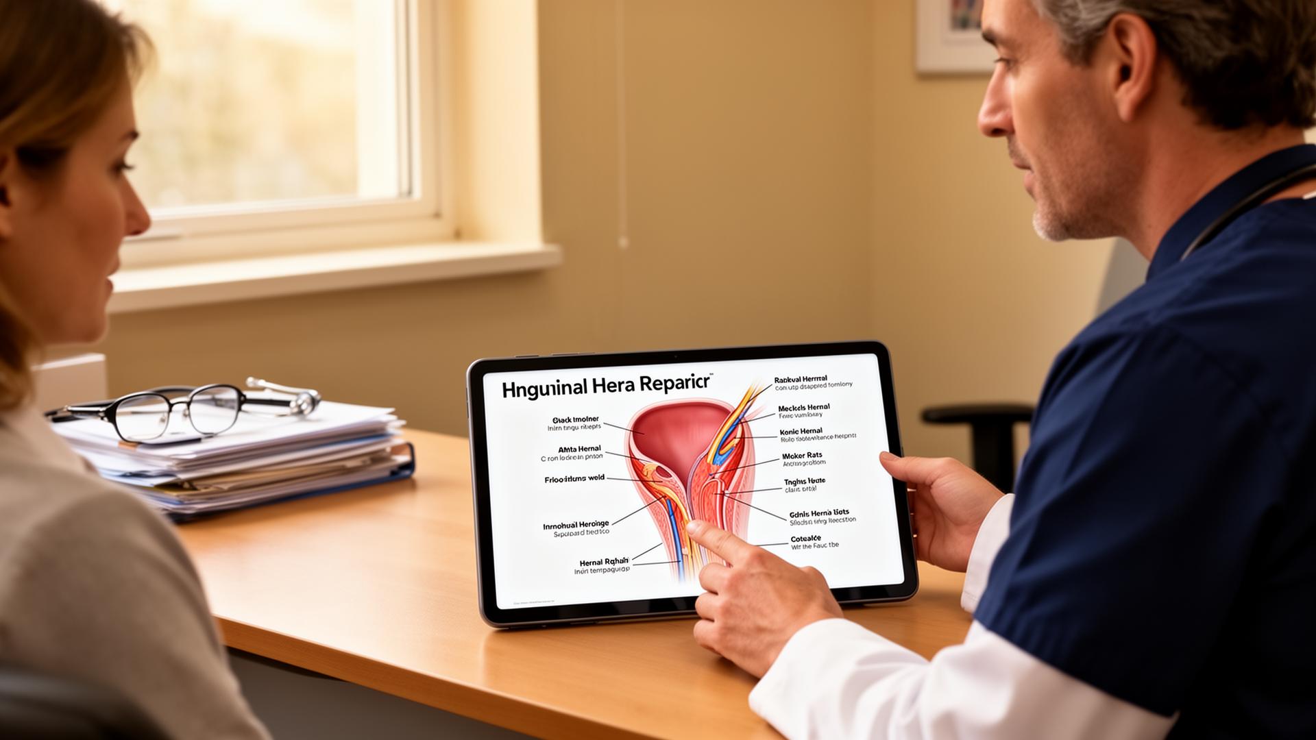 Doctor showing a patient an AI medical illustration of an inguinal hernia repair on a tablet in a clinic consulting room.