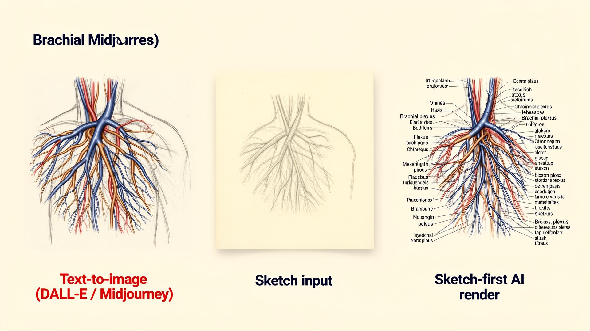AI medical illustration workflow compared: text-to-image generates a distorted brachial plexus, sketch-first AI renders a clean accurate version from a hand-drawn sketch.