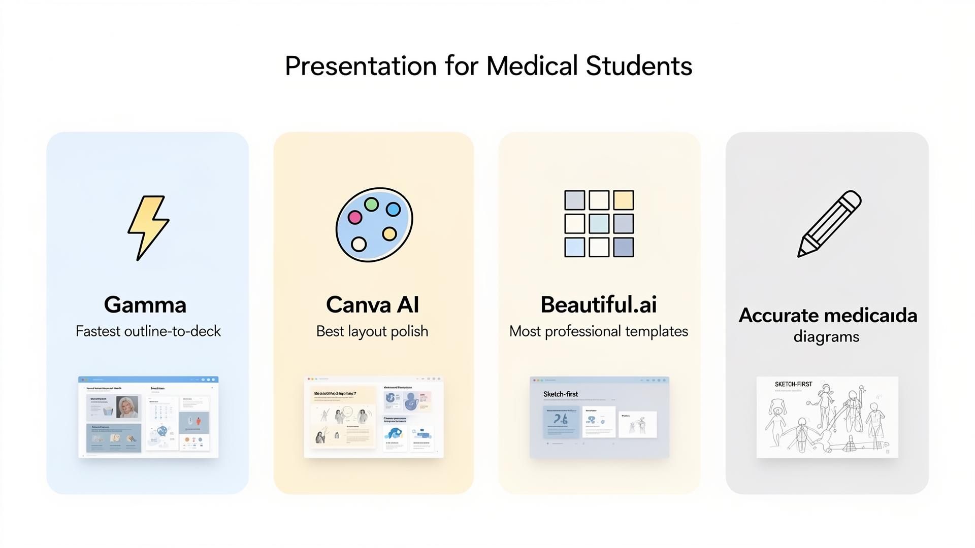 Comparison of four AI presentation tools for medical students: Gamma for speed, Canva AI for polish, Beautiful.ai for professional templates, and sketch-first tools for accurate medical diagrams — AI presentations for medical school tool guide.