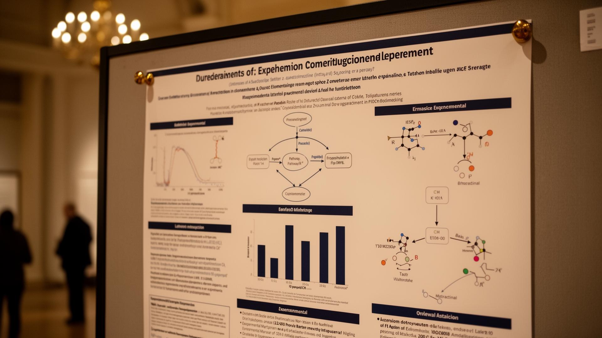 Scientific conference poster pinned to a board featuring AI-assisted illustration panels: a pathway diagram, a bar chart, and an experimental schematic in a clean academic palette.
