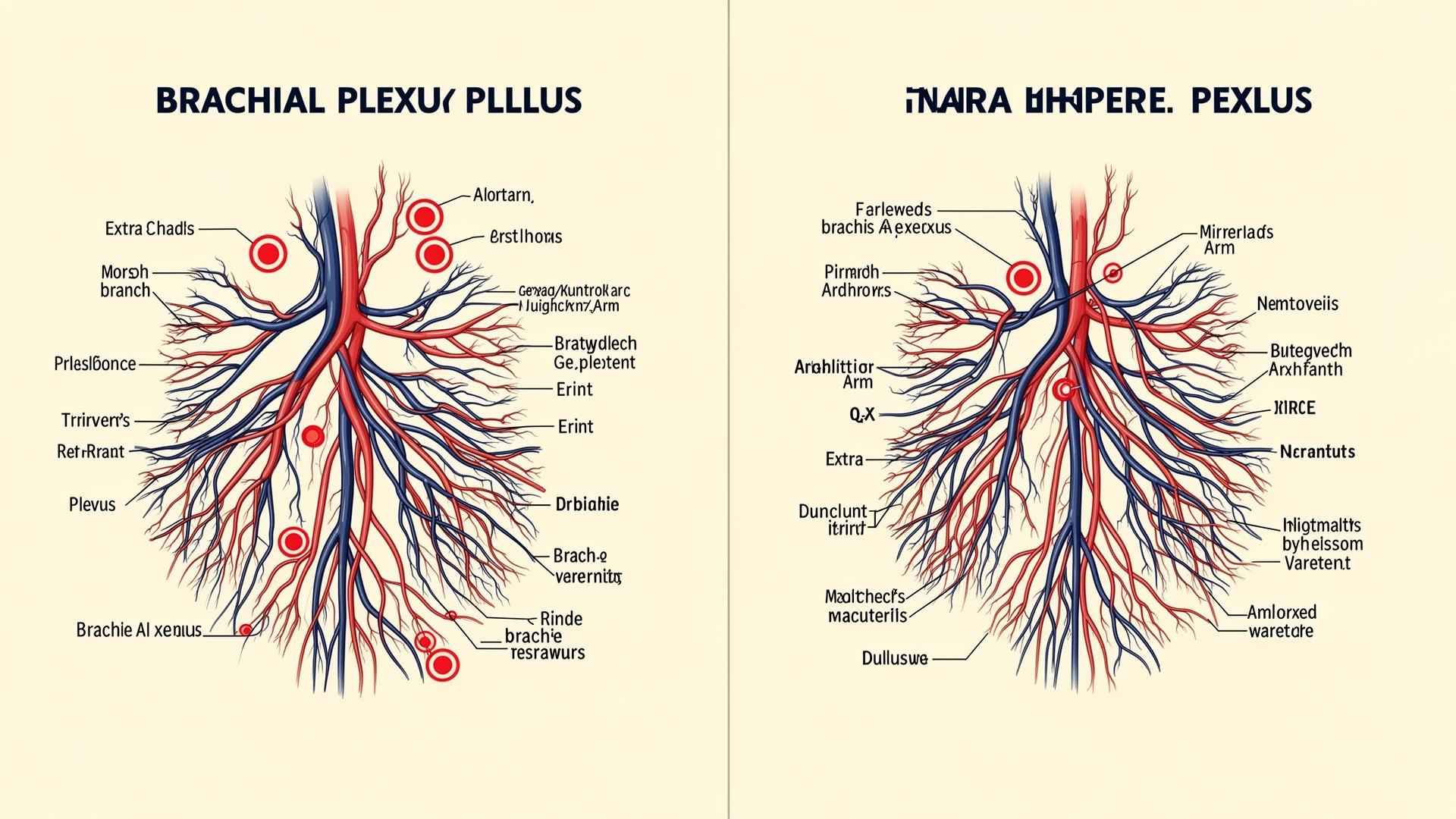 Side-by-side comparison: AI-hallucinated brachial plexus with anatomical errors marked in red versus a correctly drawn labelled brachial plexus — why generic AI is the wrong tool for medical illustration.
