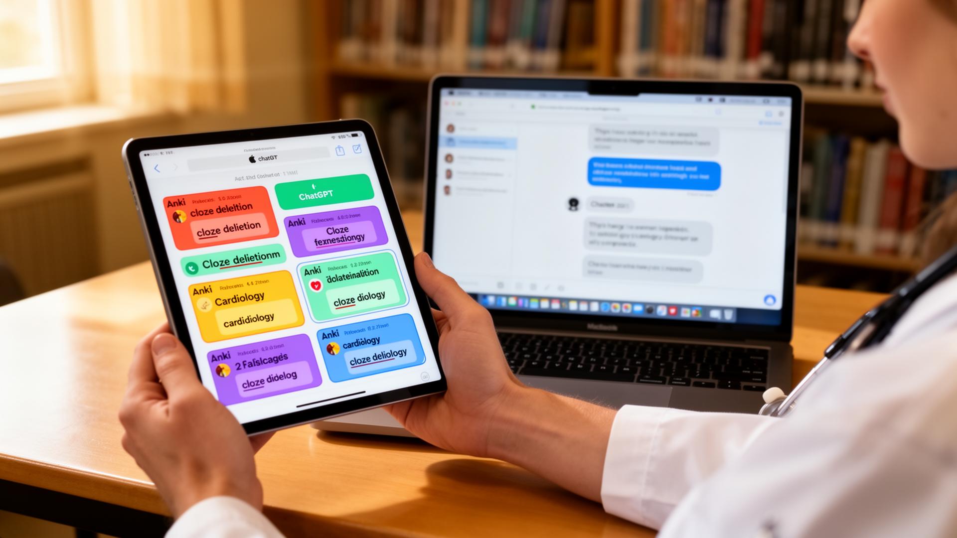Medical student using ChatGPT on a MacBook to generate Anki flashcards displayed on an iPad — the best AI tool stack for medical school memorisation.