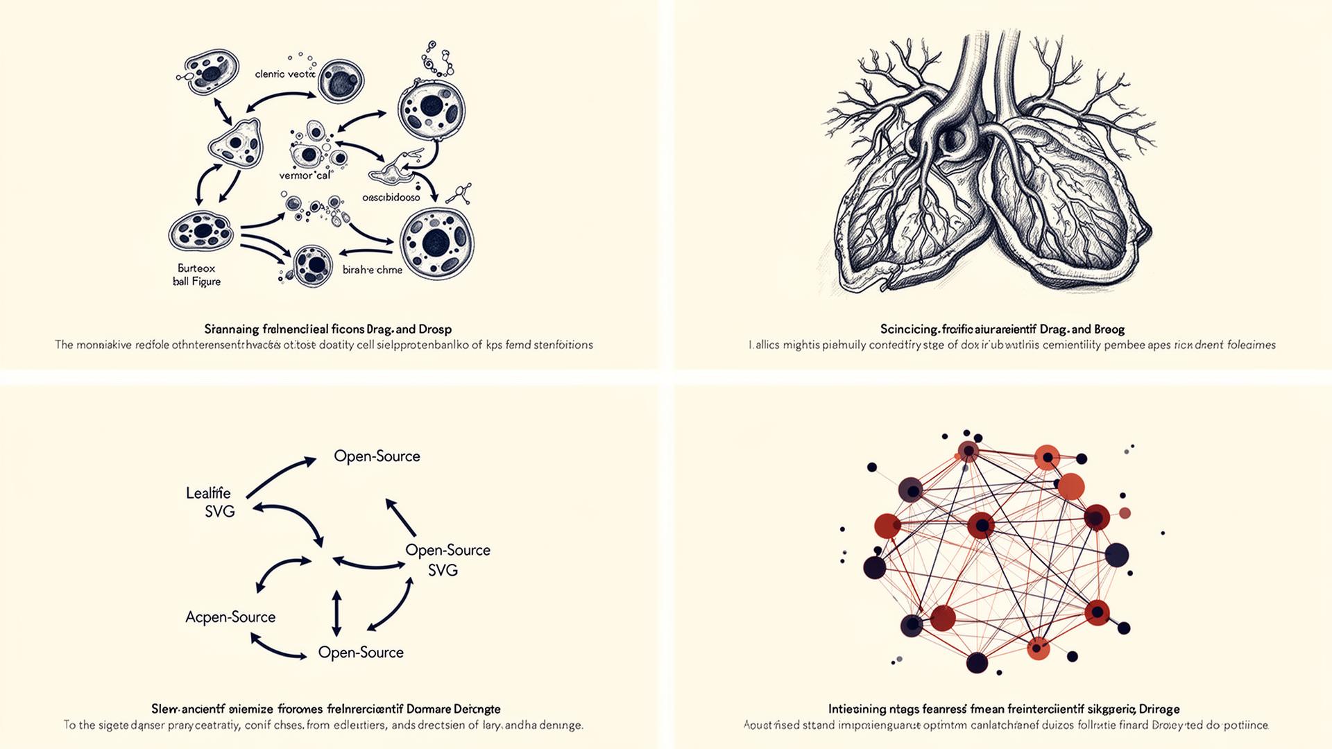 Four styles of scientific figure shown side by side: drag-and-drop cell biology icons, hand-sketched anatomy render, open-source SVG diagram and a network graph — the visual range BioRender alternatives cover.