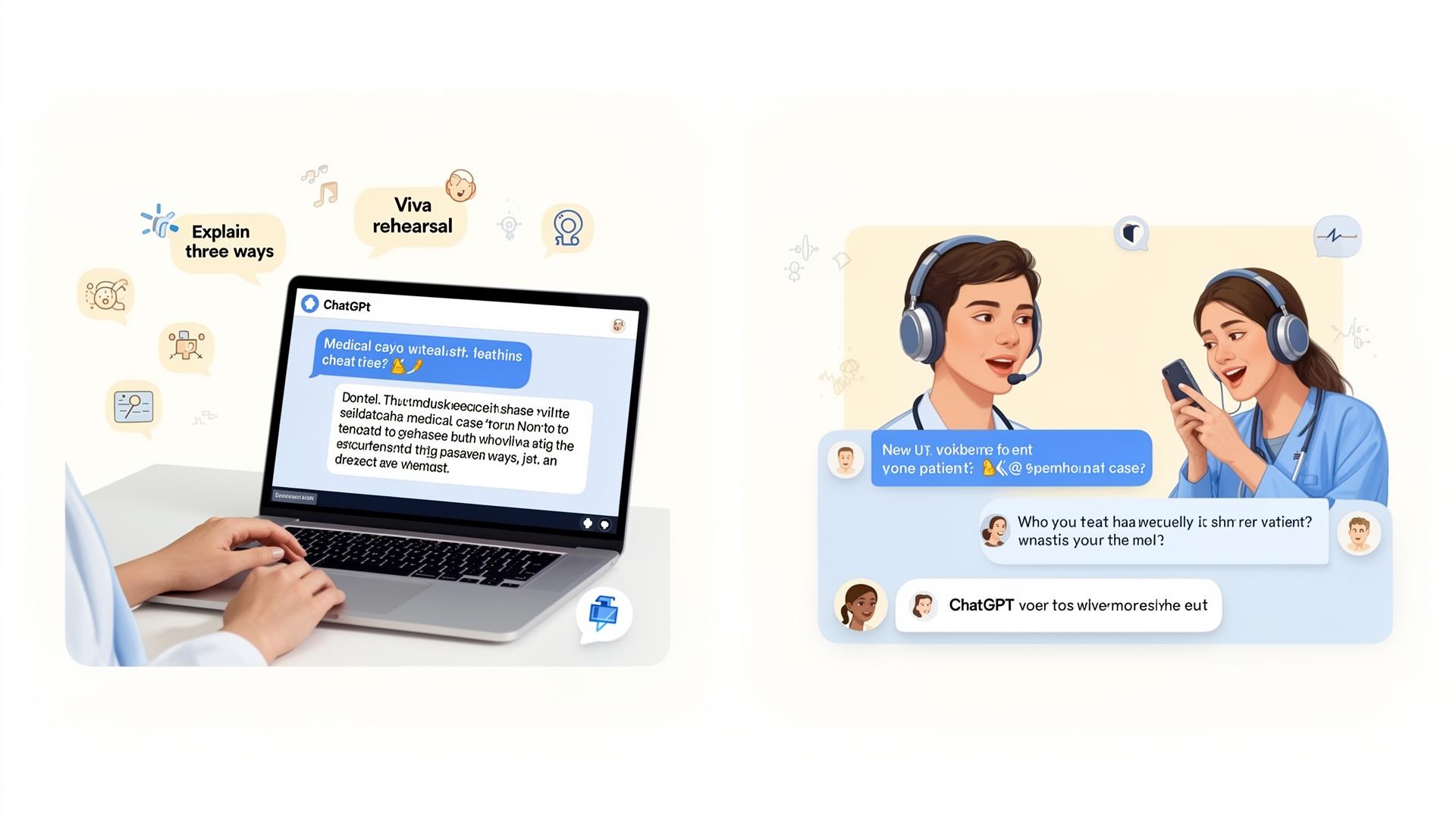 Medical student using ChatGPT text mode for study prompts on laptop and ChatGPT voice mode for OSCE patient simulation on phone — ChatGPT for medical students workflow.