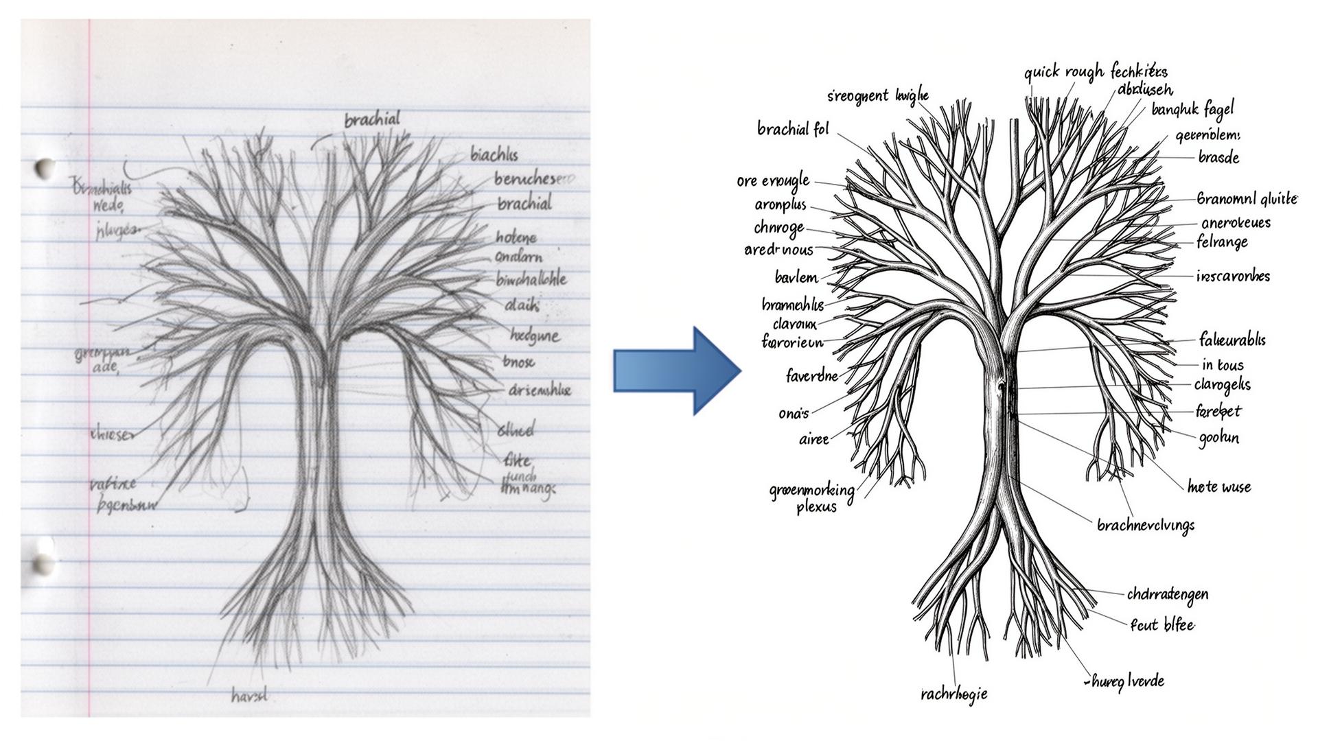 Side-by-side comparison of a rough pencil sketch of the brachial plexus on lined paper and the same diagram rendered as a clean labelled anatomical illustration — how to illustrate medical notes with AI.