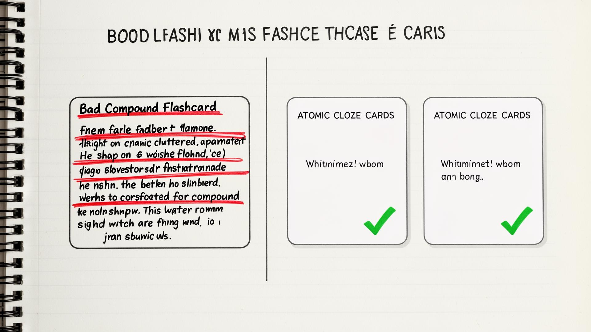 Bad compound flashcard versus atomic cloze cards — visual rule for how to make flashcards with AI.