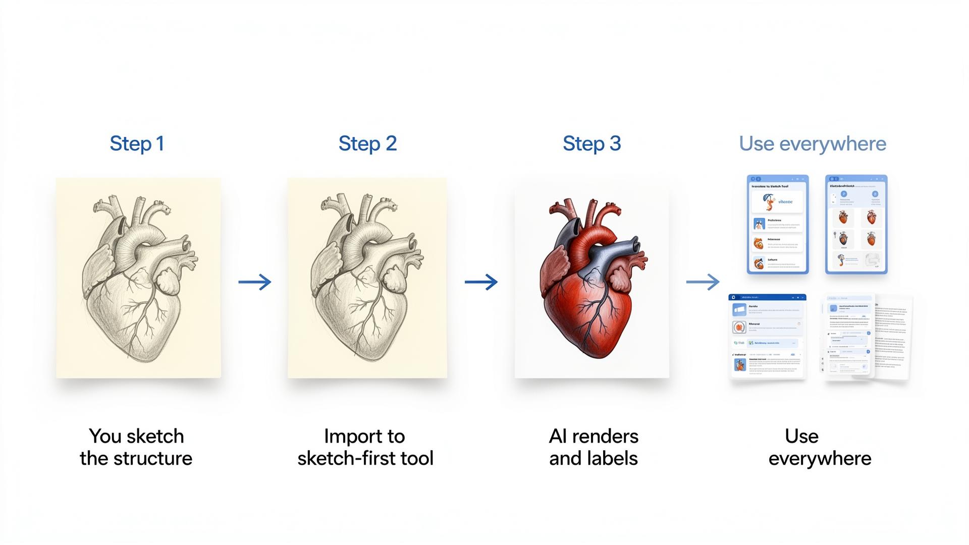 Four-step workflow showing hand-drawn sketch, import to sketch-first AI tool, clean rendered labelled diagram, and reuse in Anki flashcards and presentations — how to make medical diagrams with AI.